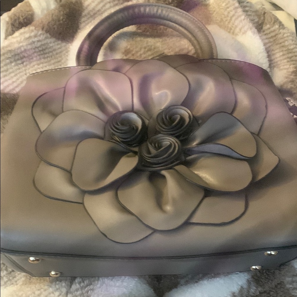 Gray Floral Embellished Tote Bag